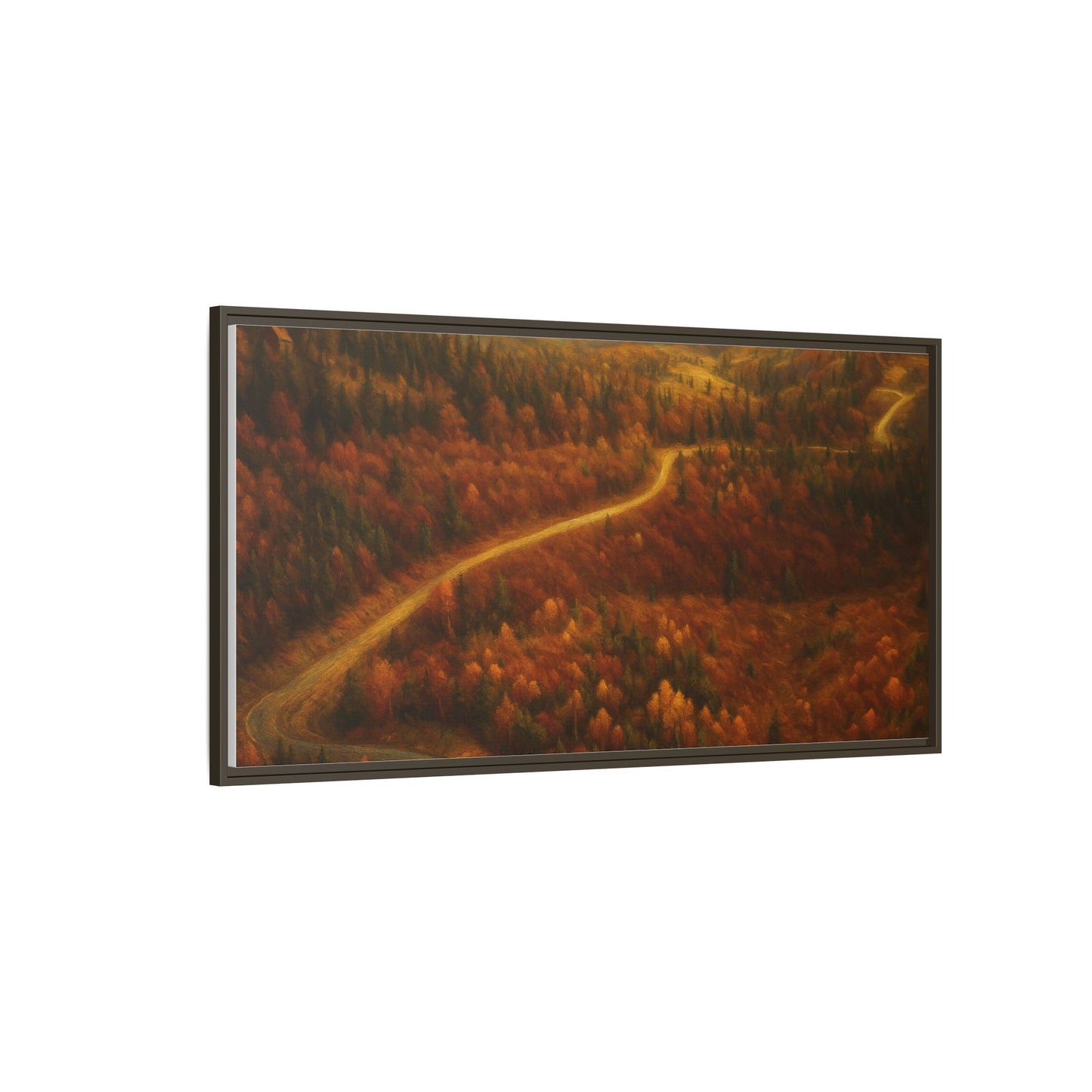 Framed matte canvas print of autumn forest road landscape wall art by Printify, showcasing vibrant fall trees and scenic woodland path