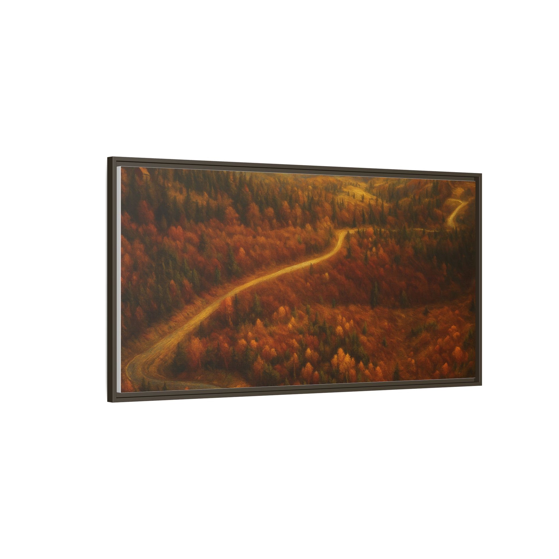 Framed matte canvas print of autumn forest road landscape wall art by Printify, showcasing vibrant fall trees and scenic woodland path