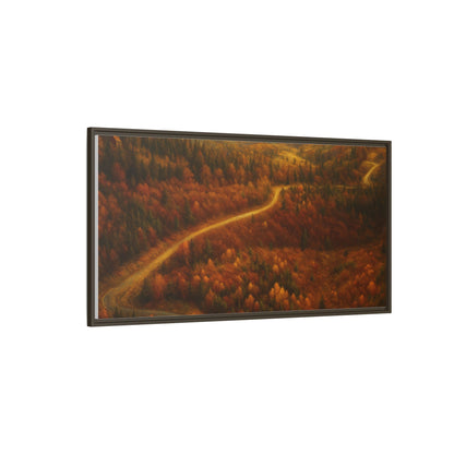 Framed matte canvas print of autumn forest road landscape wall art by Printify, showcasing vibrant fall trees and scenic woodland path