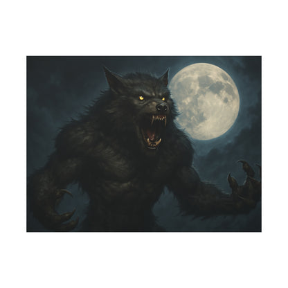 Spooky werewolf moon matte canvas print featuring a full moon, ideal as unique wall art for Halloween or gothic decor.
