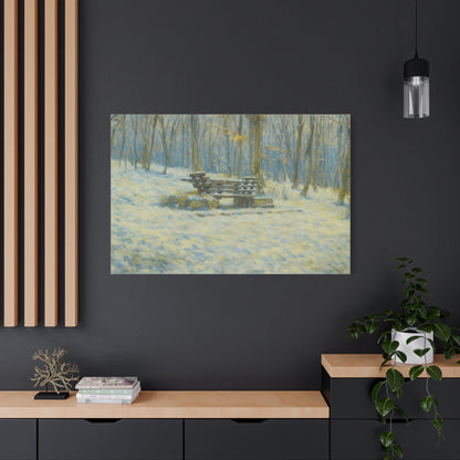 Snowy park bench matte canvas print featuring winter woodland scene, stretched 1.25 inches, ideal for wall decor by Printify.