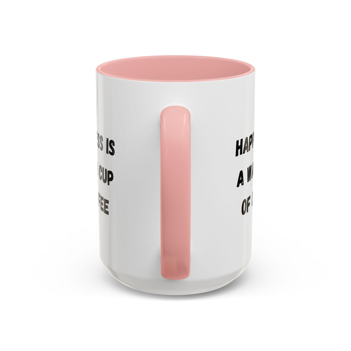 Ceramic coffee mug with "Happiness Is A Warm Cup Of Coffee" printed design, featuring a white background and ceramic finish.