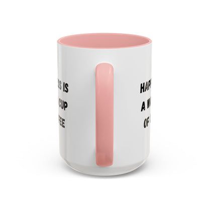 Ceramic coffee mug with "Happiness Is A Warm Cup Of Coffee" printed design, featuring a white background and ceramic finish.