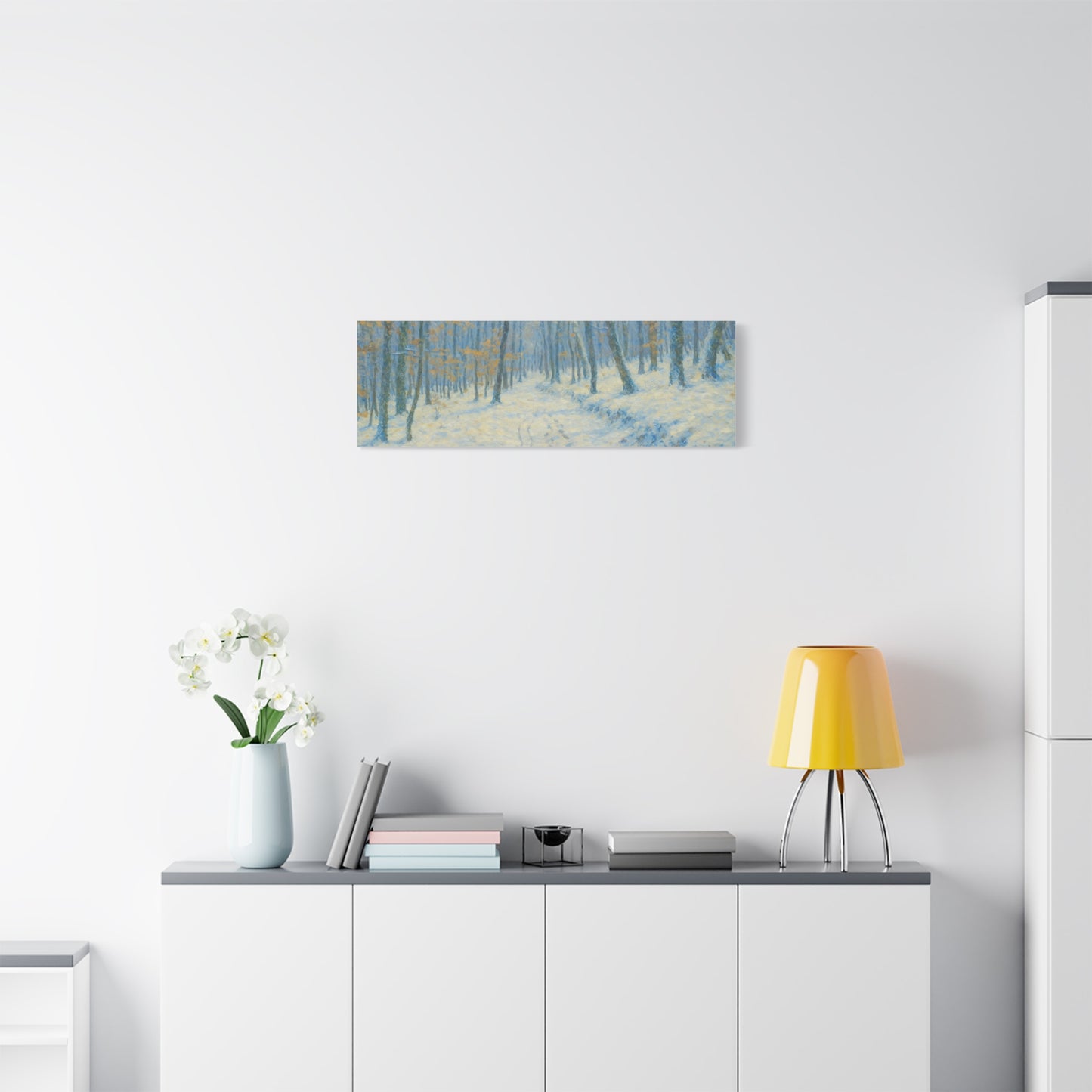 Winter Woodland Canvas Print by Printify featuring snowy forest scene on matte stretched canvas wall art.