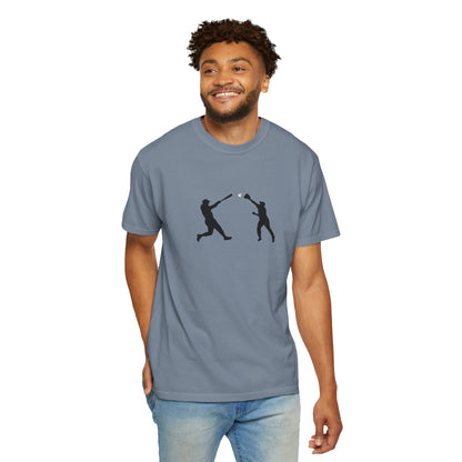 Minimal baseball player silhouette T-shirt by Printify featuring a simple graphic of a baseball player in action.
