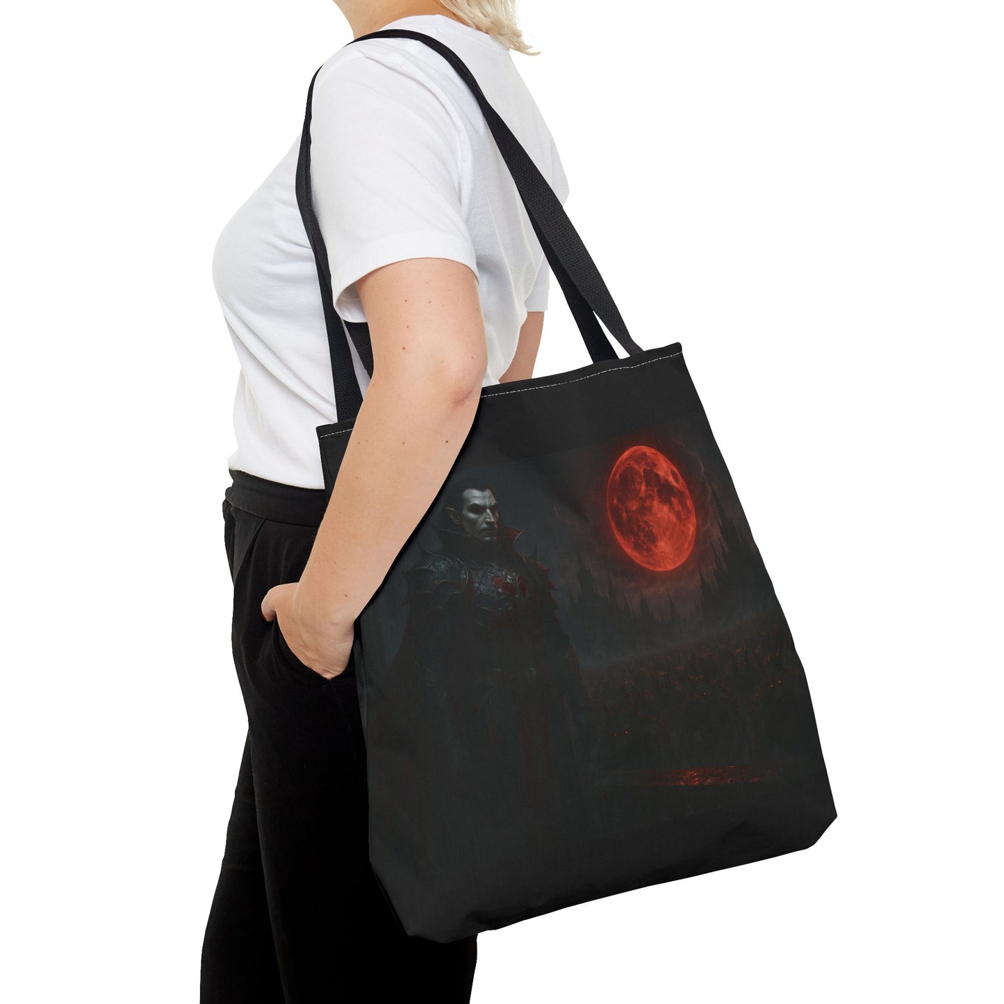 Gothic Dracula tote bag with moonlit vampire art, perfect for Halloween, by Printify, featuring a spooky vampire design on durable fabric.