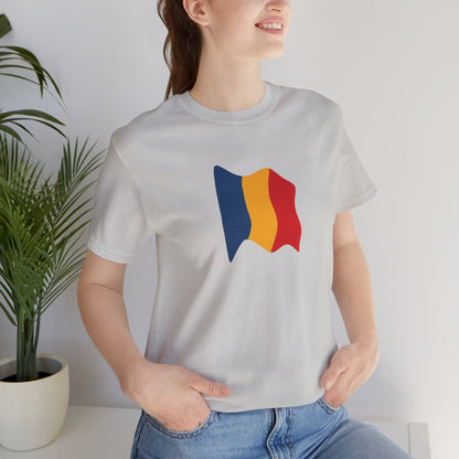 Romania flag T-shirt by Printify featuring a minimal waving tricolor design on a casual T-shirt.