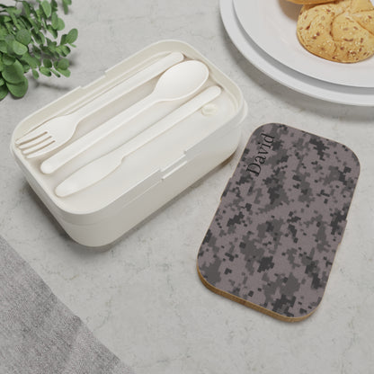 Personalized camouflage bento lunch box with optional custom name, durable accessories by Printify, ideal for kids and adults.