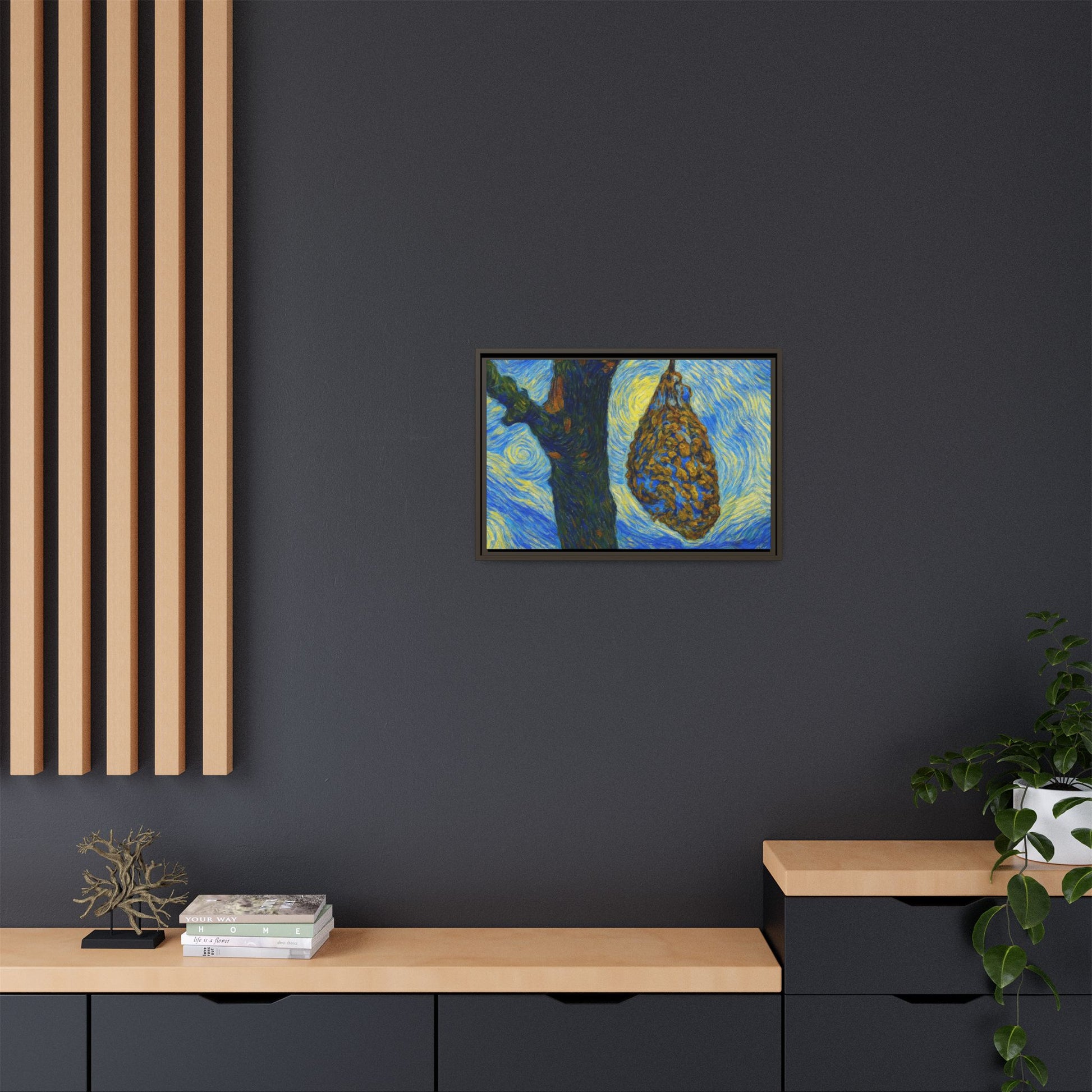 Framed matte canvas art of a starry nut cluster with dried plum in a tree, printed by Printify, showcasing detailed botanical imagery.