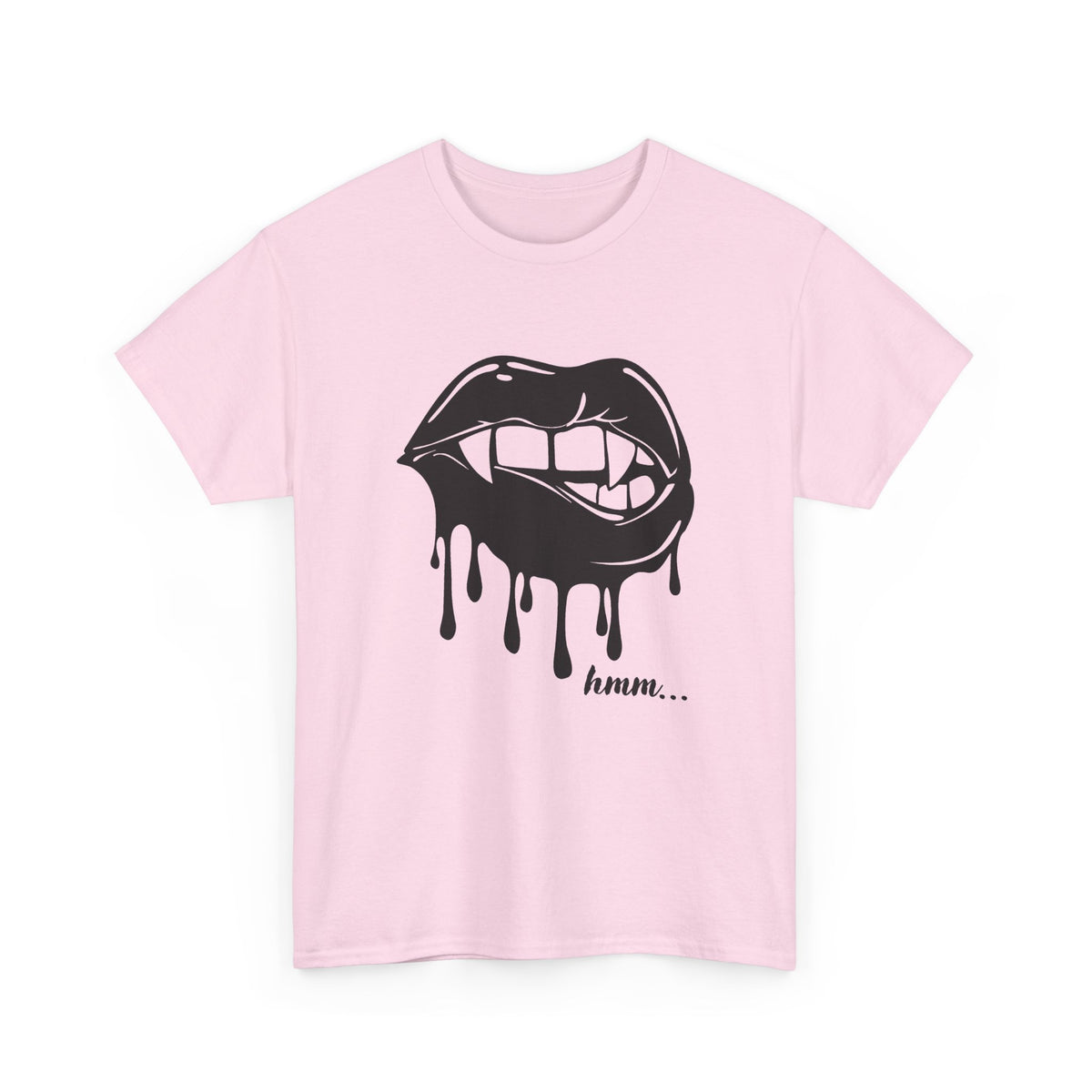 Graphic T-shirt by Printify featuring a dripping lips 'hmm...' bite design on a black cotton tee.