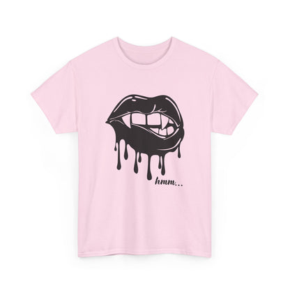 Graphic T-shirt by Printify featuring a dripping lips 'hmm...' bite design on a black cotton tee.