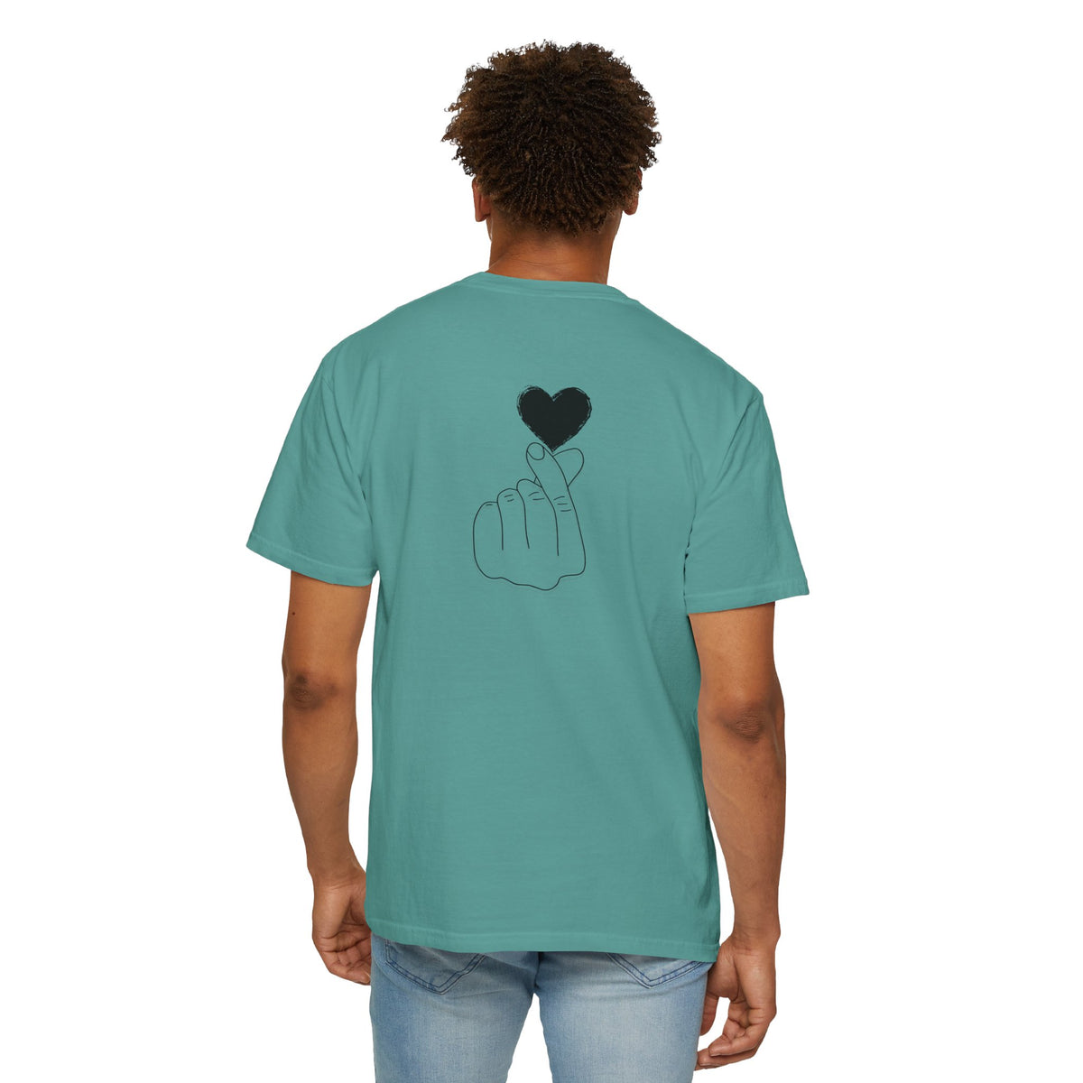 Black T-shirt with a minimal white finger heart graphic, designed by Printify, featuring a simple heart emblem on the front.