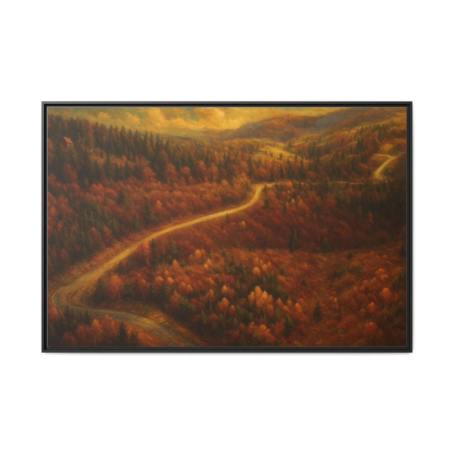 Framed matte canvas print of autumn forest road landscape wall art by Printify, showcasing vibrant fall colors and scenic nature scene.