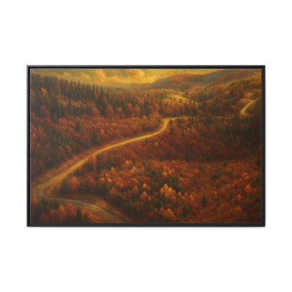 Framed matte canvas print of autumn forest road landscape wall art by Printify, showcasing vibrant fall colors and scenic nature scene.