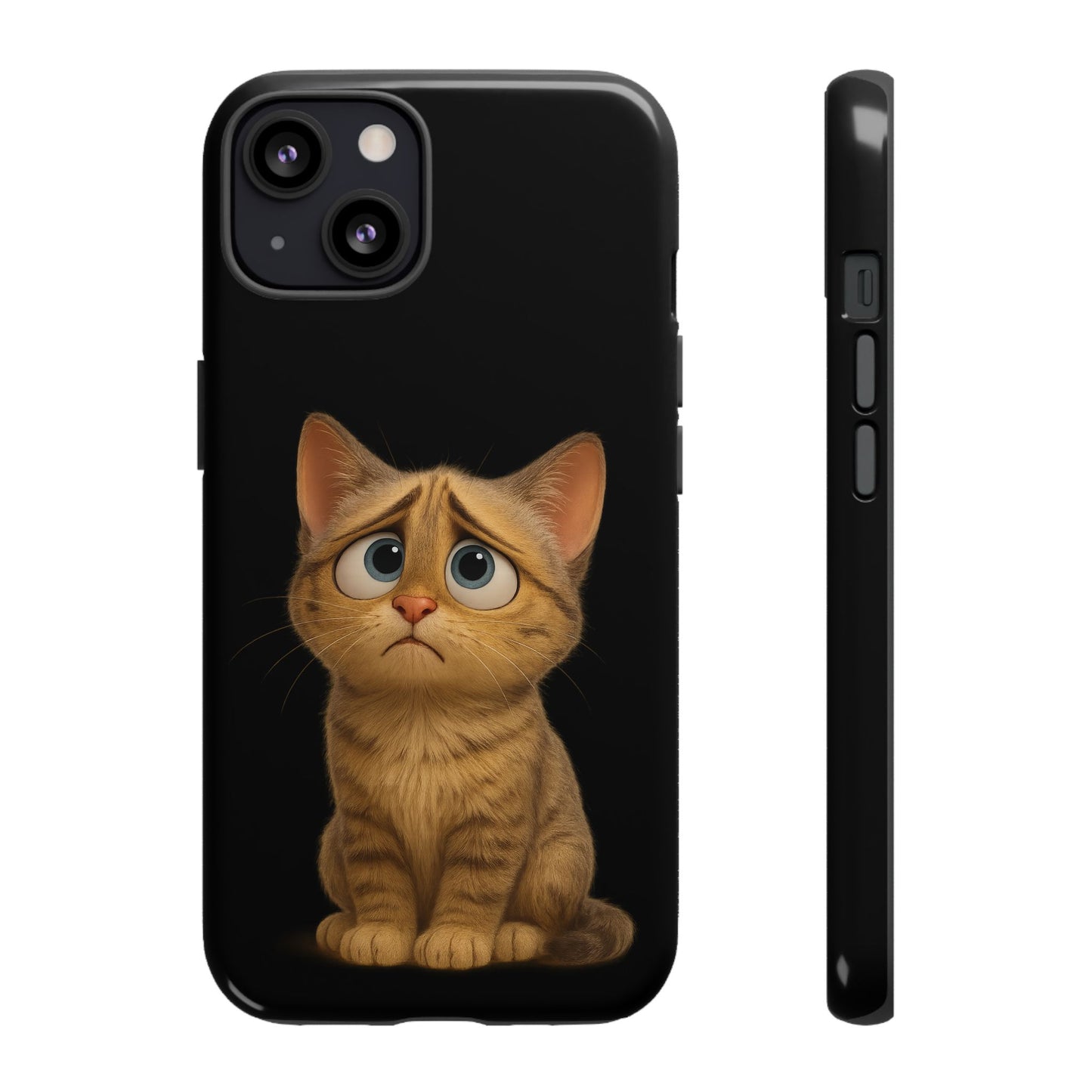 Cute sad kitty print phone case for iPhone by Printify, featuring a protective design with a sad cat illustration.