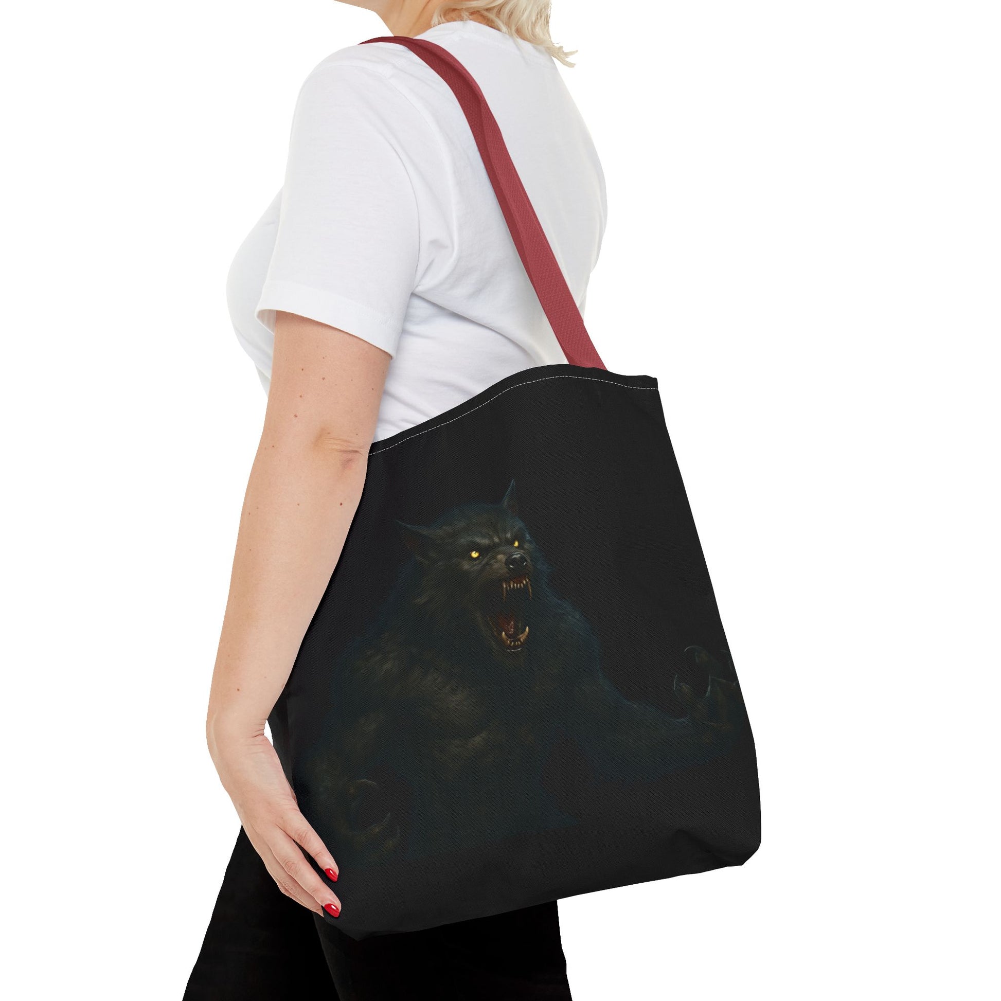 Werewolf tote bag with dark Halloween art, featuring horror-themed imagery, ideal for spooky season fans and gift-givers.
