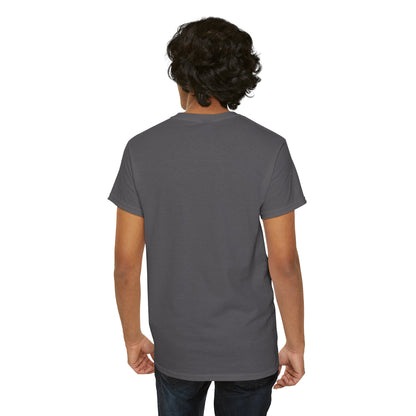 Graphic T-shirt featuring a dripping lips "hmm..." bite design in black and white, by Printify.