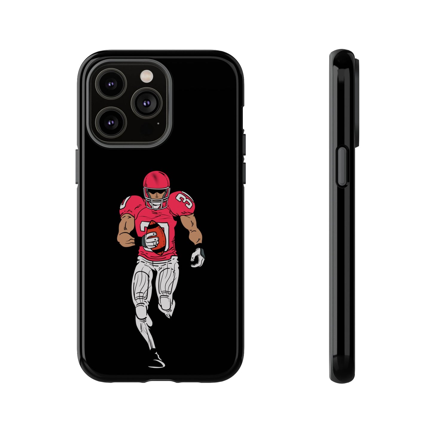 Black football player tough phone case for iPhone with sports design, provides durable protection and a sleek look.