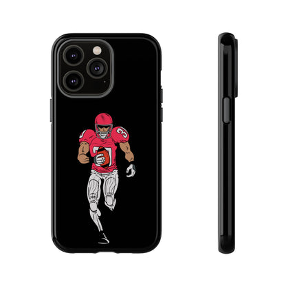 Black football player tough phone case for iPhone with sports design, provides durable protection and a sleek look.