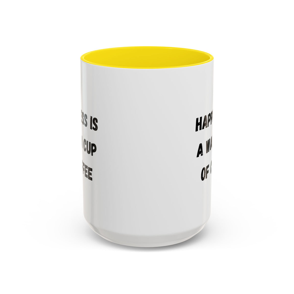 Ceramic coffee mug with "Happiness Is A Warm Cup Of Coffee" print, featuring a white background and colorful lettering.