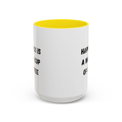 Ceramic coffee mug with "Happiness Is A Warm Cup Of Coffee" print, featuring a white background and colorful lettering.