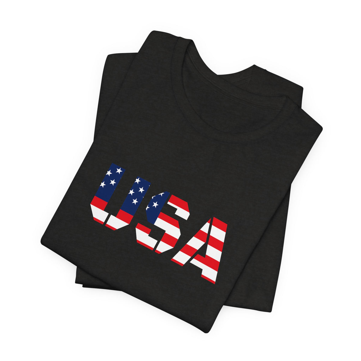 USA flag text T-shirt by Printify featuring patriotic design, perfect for Fourth of July celebrations and casual wear.