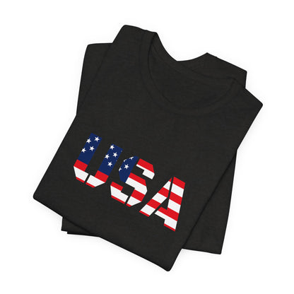 USA flag text T-shirt by Printify featuring patriotic design, perfect for Fourth of July celebrations and casual wear.