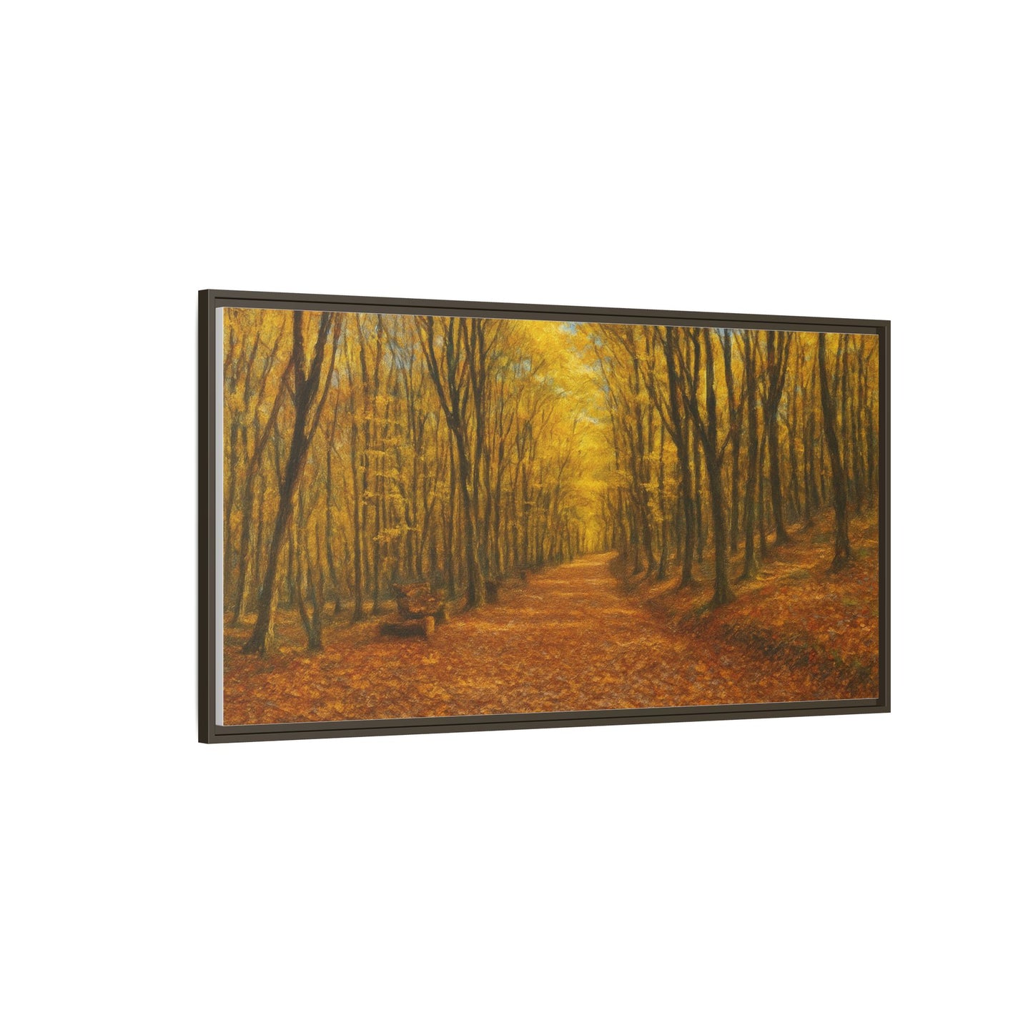 Autumn forest path matte canvas wall art by Printify, featuring a scenic nature image with trees and a walking trail.