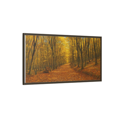 Autumn forest path matte canvas wall art by Printify, featuring a scenic nature image with trees and a walking trail.