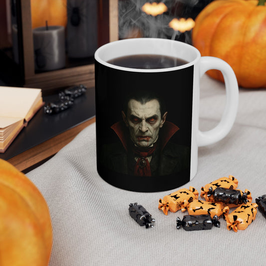 Black Gothic Dracula Vampire mug with spooky design, perfect for Halloween coffee lovers, by Printify.