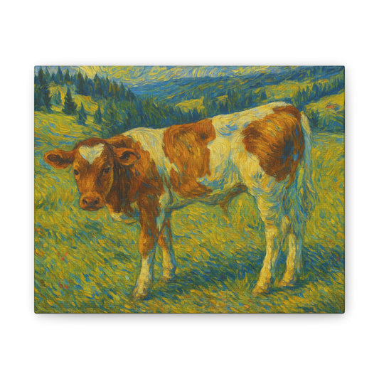 Rustic canvas wall art featuring a cow in a meadow, farmhouse style, printed by Printify on durable canvas material.