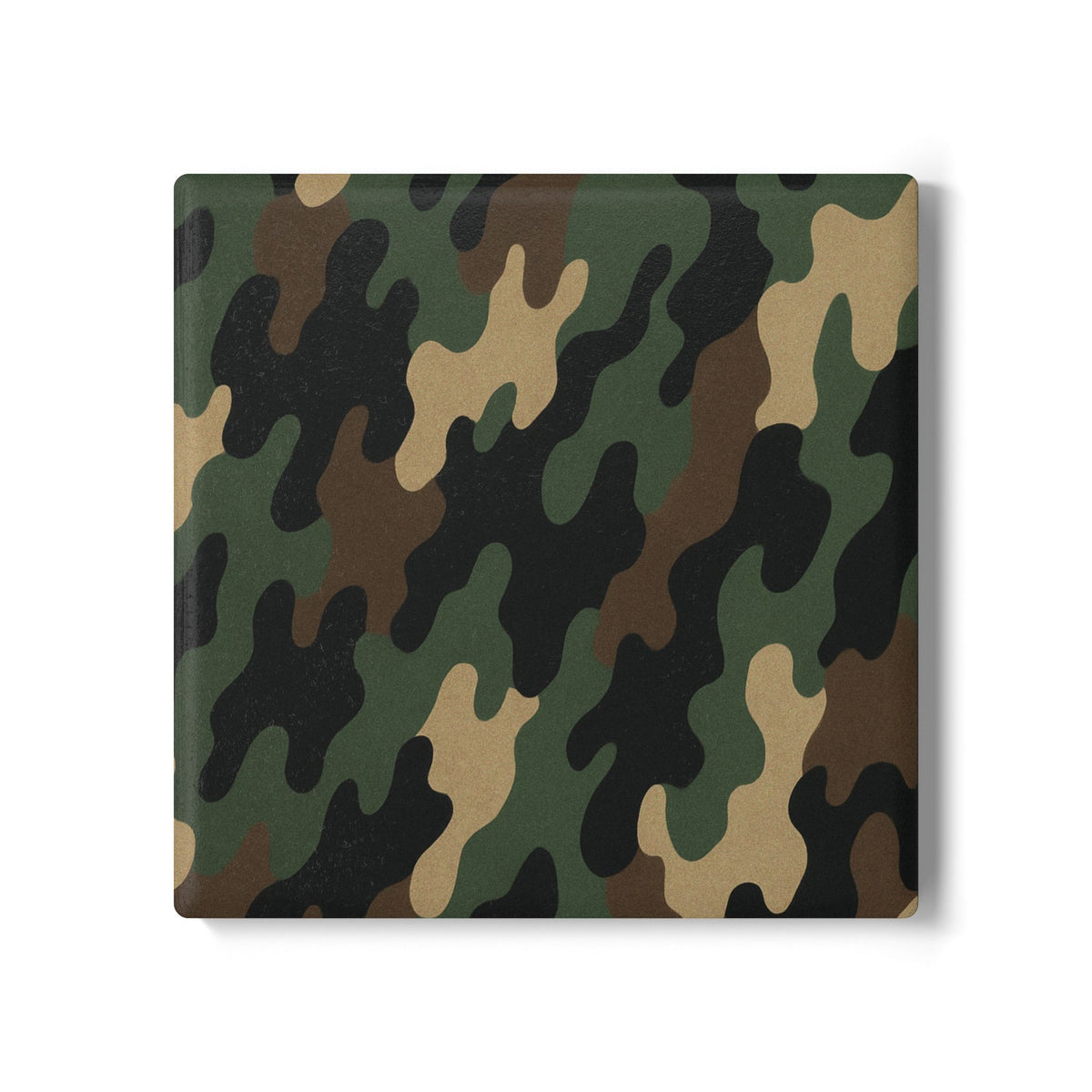 Green woodland camo ceramic coaster with camouflage pattern, designed to protect surfaces from drink spills.