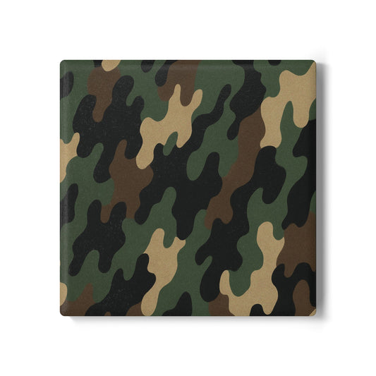 Green woodland camo ceramic coaster with camouflage pattern, designed to protect surfaces from drink spills.