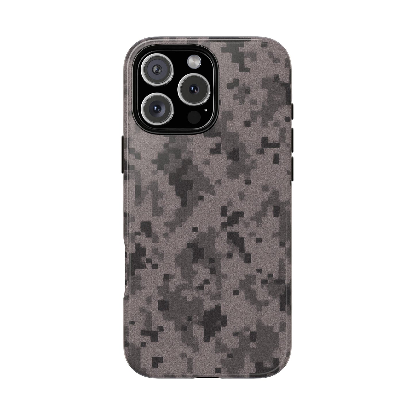 Gray digital camouflage phone case by Printify, tough protective cover for smartphones with a rugged camouflage design.
