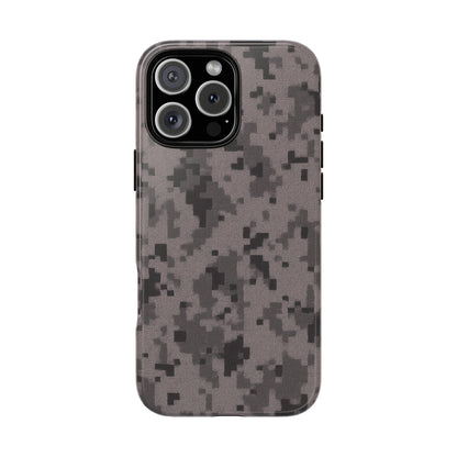 Gray digital camouflage phone case by Printify, tough protective cover for smartphones with a rugged camouflage design.
