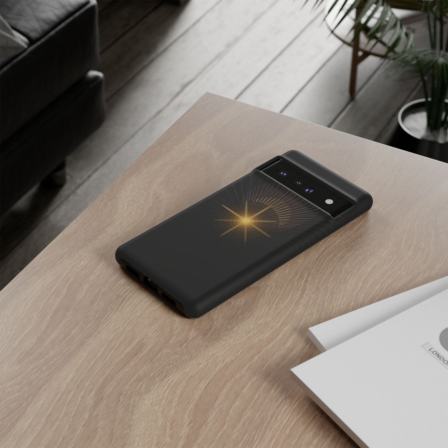 Tough Cases - Radiant Star Phone Case, Protective Black Shockproof Cover with Golden Light Design