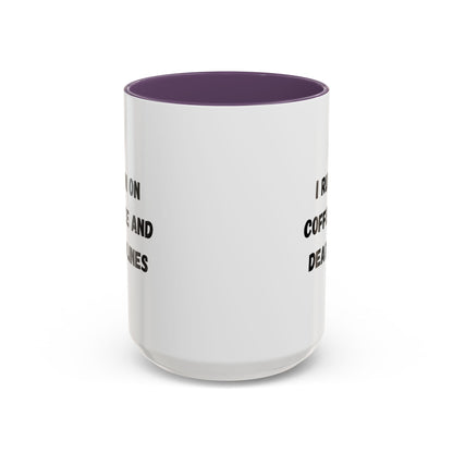 White ceramic coffee mug with "I Run on Coffee and Deadlines" printed in black text, designed by Printify.