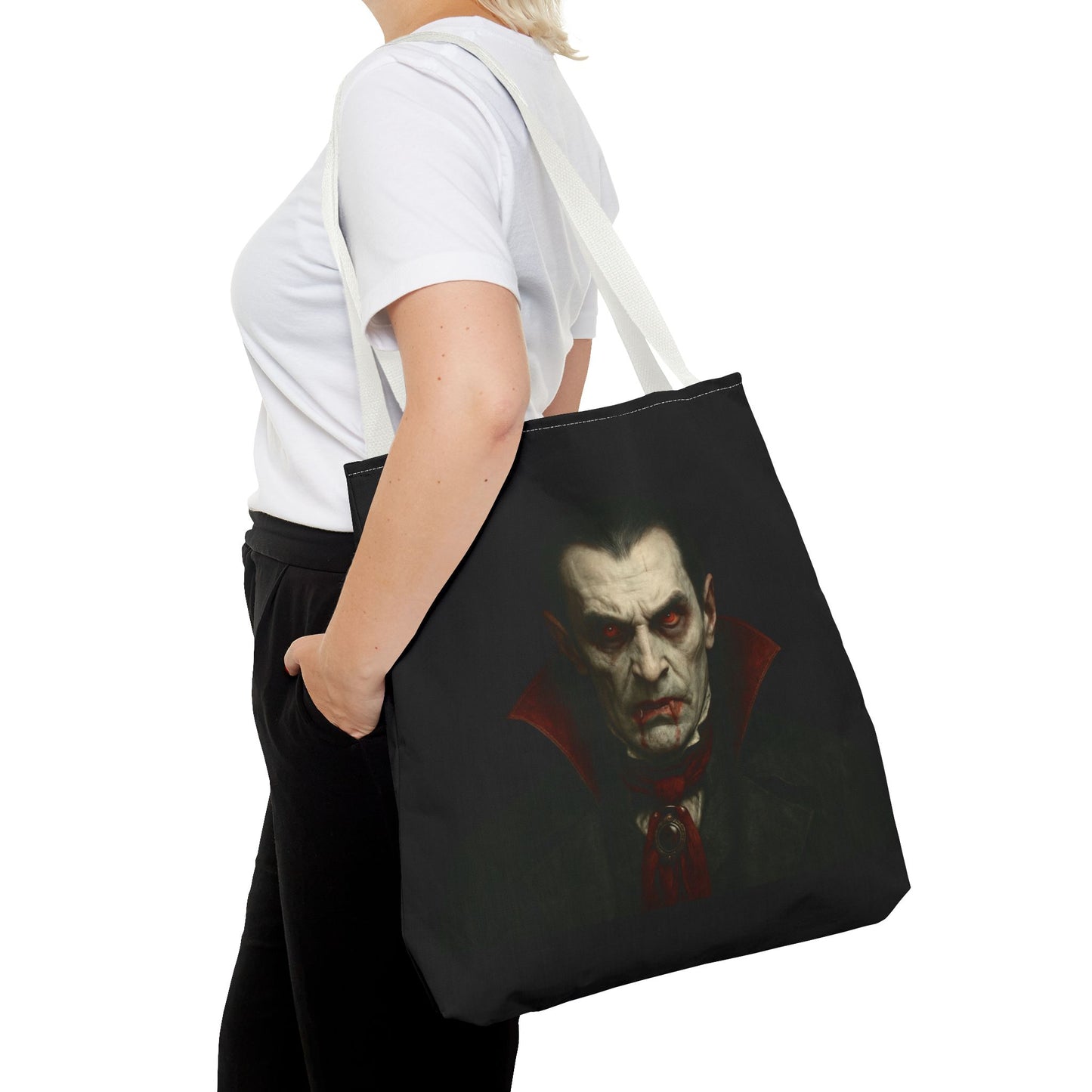 Black vampire tote bag with gothic spooky design, perfect for Halloween accessories, by Printify.