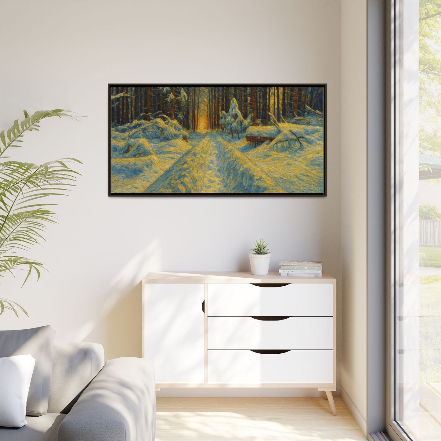 Framed matte canvas print of a snowy forest path at sunset, wall art by Printify showcasing winter landscape scenery.