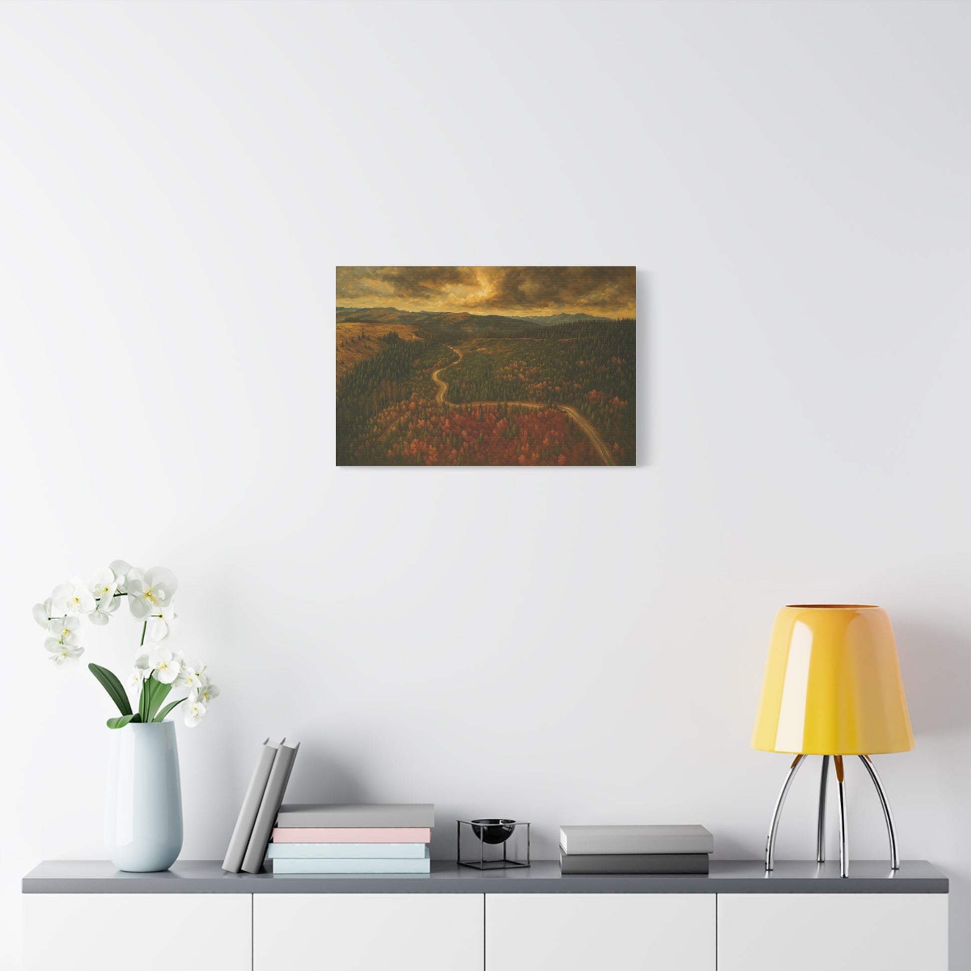 Moody forest landscape on Autumn Ridge Road matte stretched canvas wall art by Printify, featuring a serene forest scene.