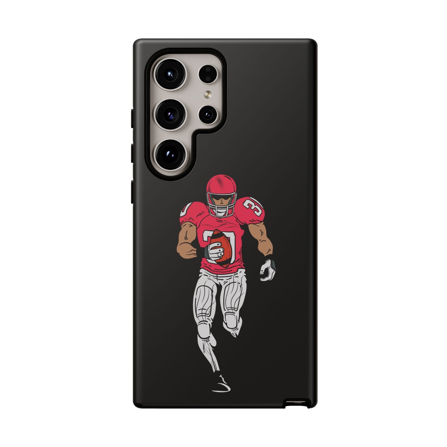 Black football player tough phone case for iPhone, featuring sporty design and protective durability from Printify.