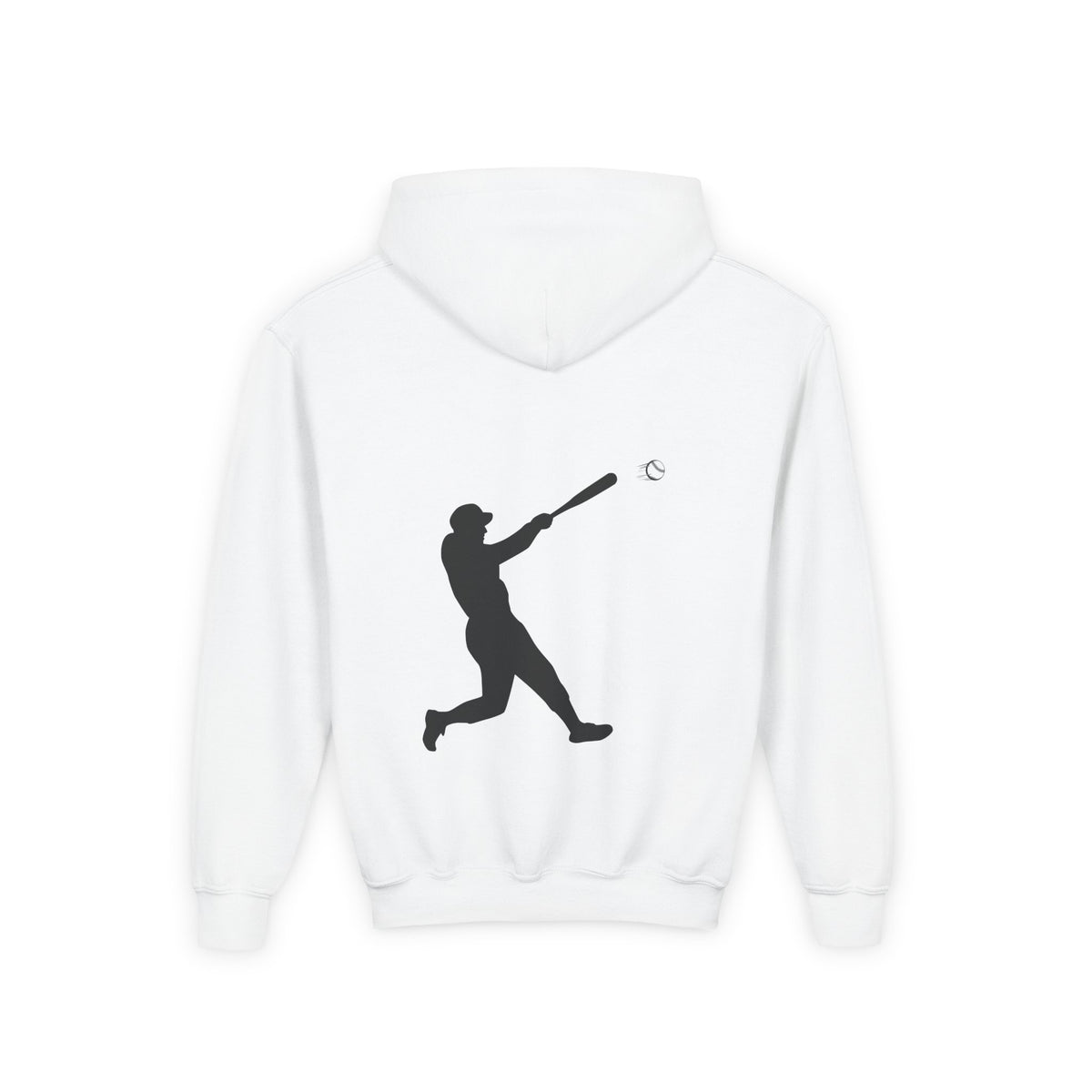 Kids youth baseball silhouette hoodie featuring a baseball player design, comfortable pullover for boys and girls.