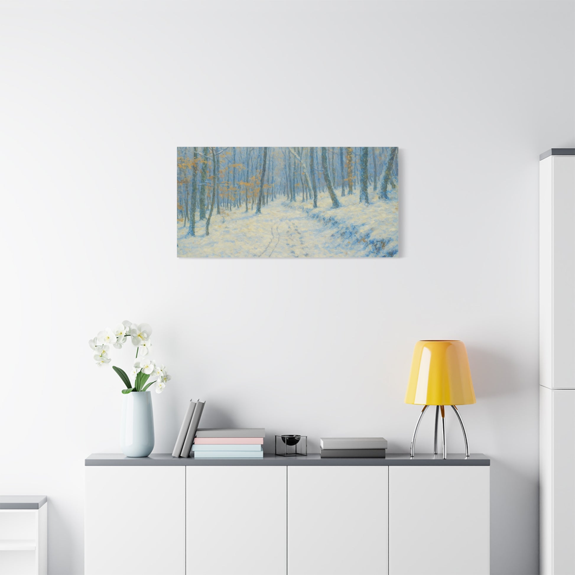 Winter woodland canvas print featuring a snowy forest scene, matte stretched wall art by Printify, suitable for rustic or winter decor.