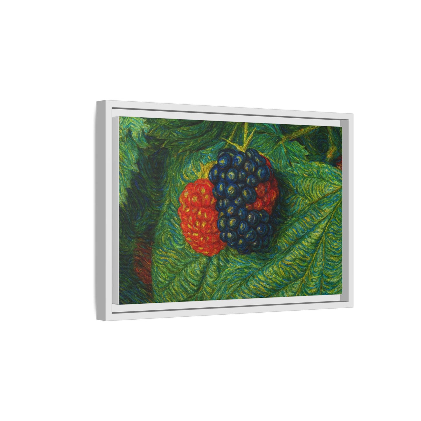 Blackberry still life framed canvas print by Printify featuring realistic blackberries in a detailed botanical artwork.