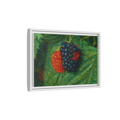 Blackberry still life framed canvas print by Printify featuring realistic blackberries in a detailed botanical artwork.