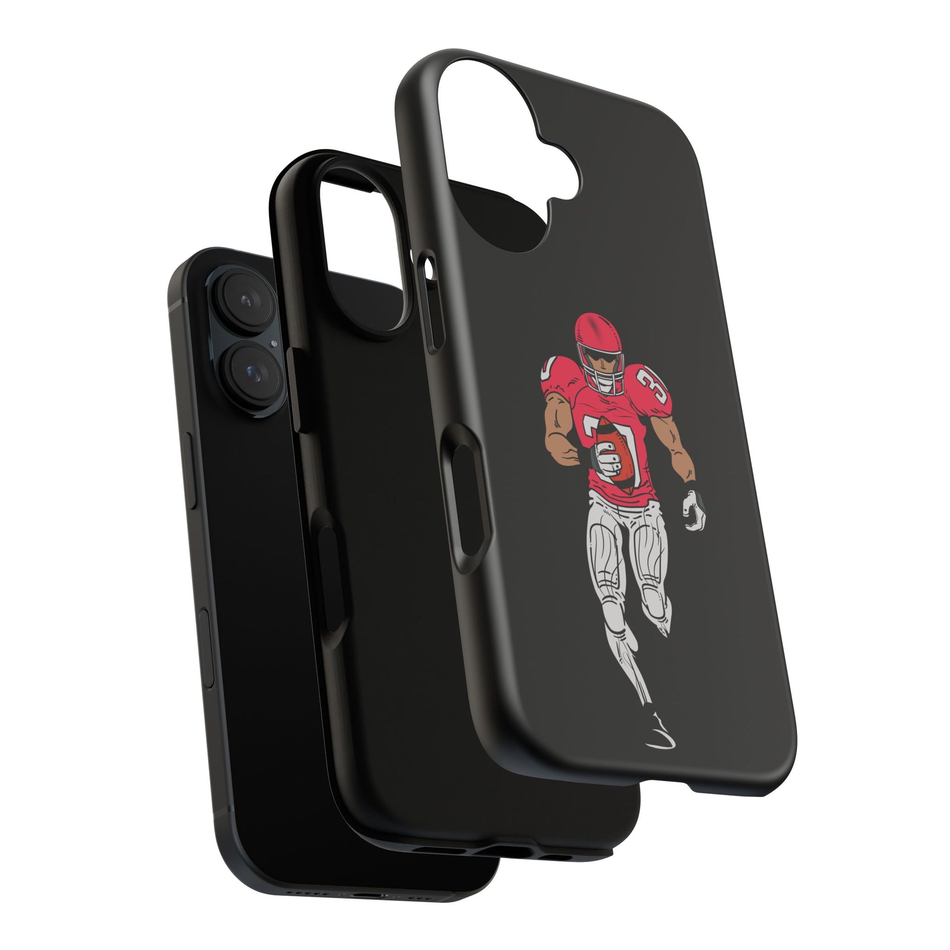 Black football player tough phone case for iPhone, protective sports design by Printify, featuring a dynamic athlete image.