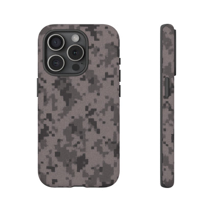 Gray digital camouflage phone case by Printify, showcasing a tough protective cover with a camouflage pattern.