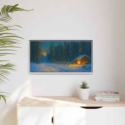 Cozy winter cabin canvas wall art by Printify featuring a snowy forest evening scene in a matte framed print.