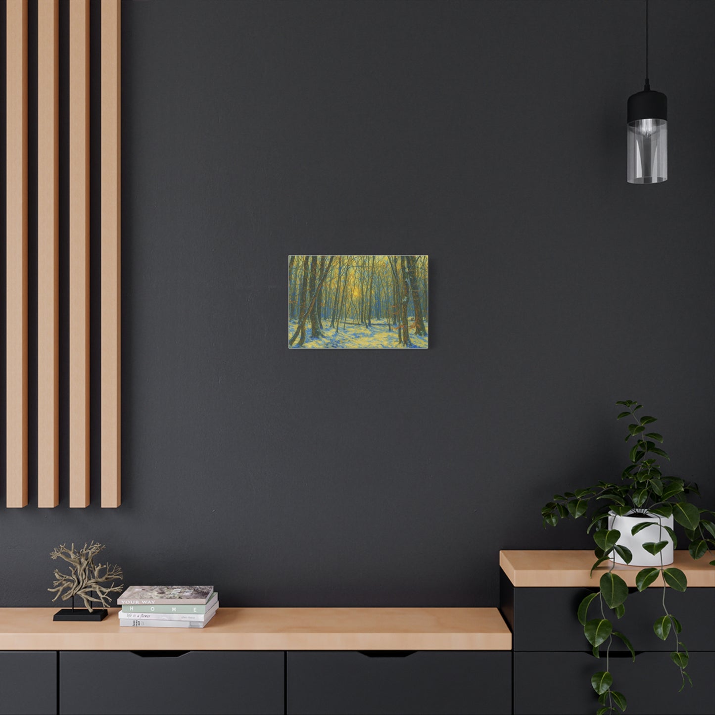 Winter woodland canvas print featuring sunlight filtering through trees, matte stretched art by Printify.