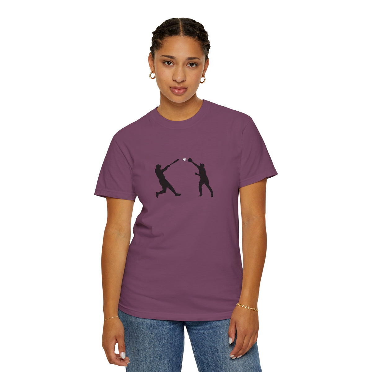 Minimal baseball players silhouette graphic t-shirt by Printify, showcasing a simple, stylish baseball-themed design on a casual tee.